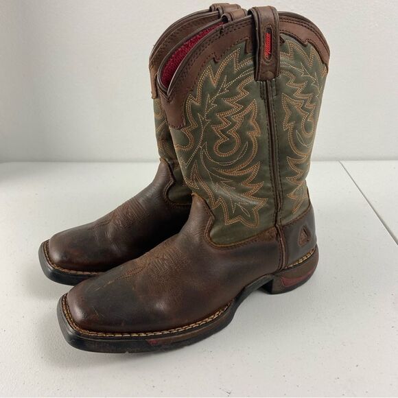 Rocky Kids 4M Long Range Western Boot Brown/Green Leather Square Toe Farm Barn - Picture 1 of 13